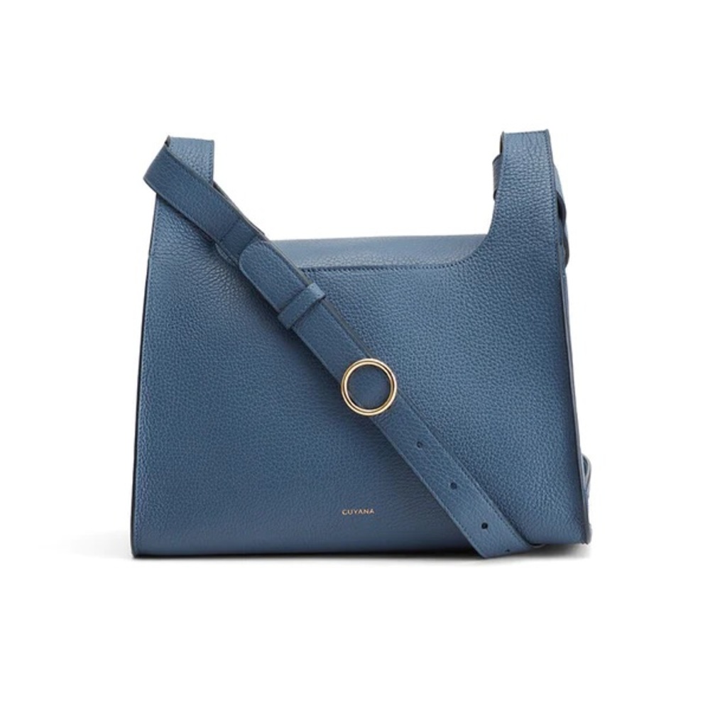 Cuyana Double Loop Bag Indigo Pebbled Leather and Gold with Dust Bag
